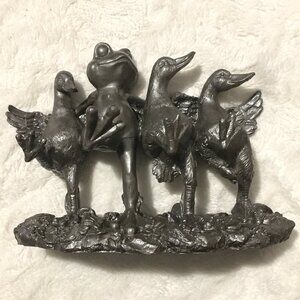 Vintage Gunmetal Grey Frog & Ducks Garden Statue Dancing Can-Can Line Kitsch